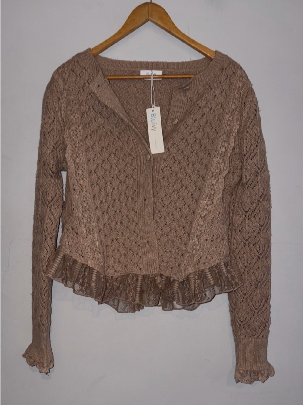 BLUIVY Tan Knit & Lace Cardigan sz M NWT